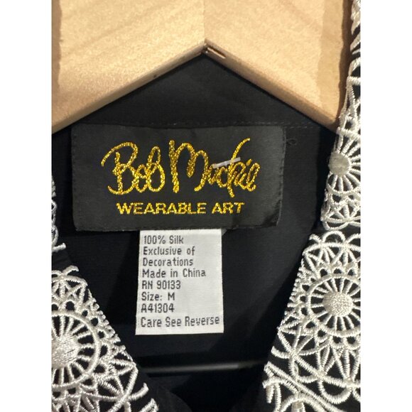 Bob Mackie M Silk Wearable Art Black Button-Up Shirt With White Embroidery Detai - Picture 4 of 5